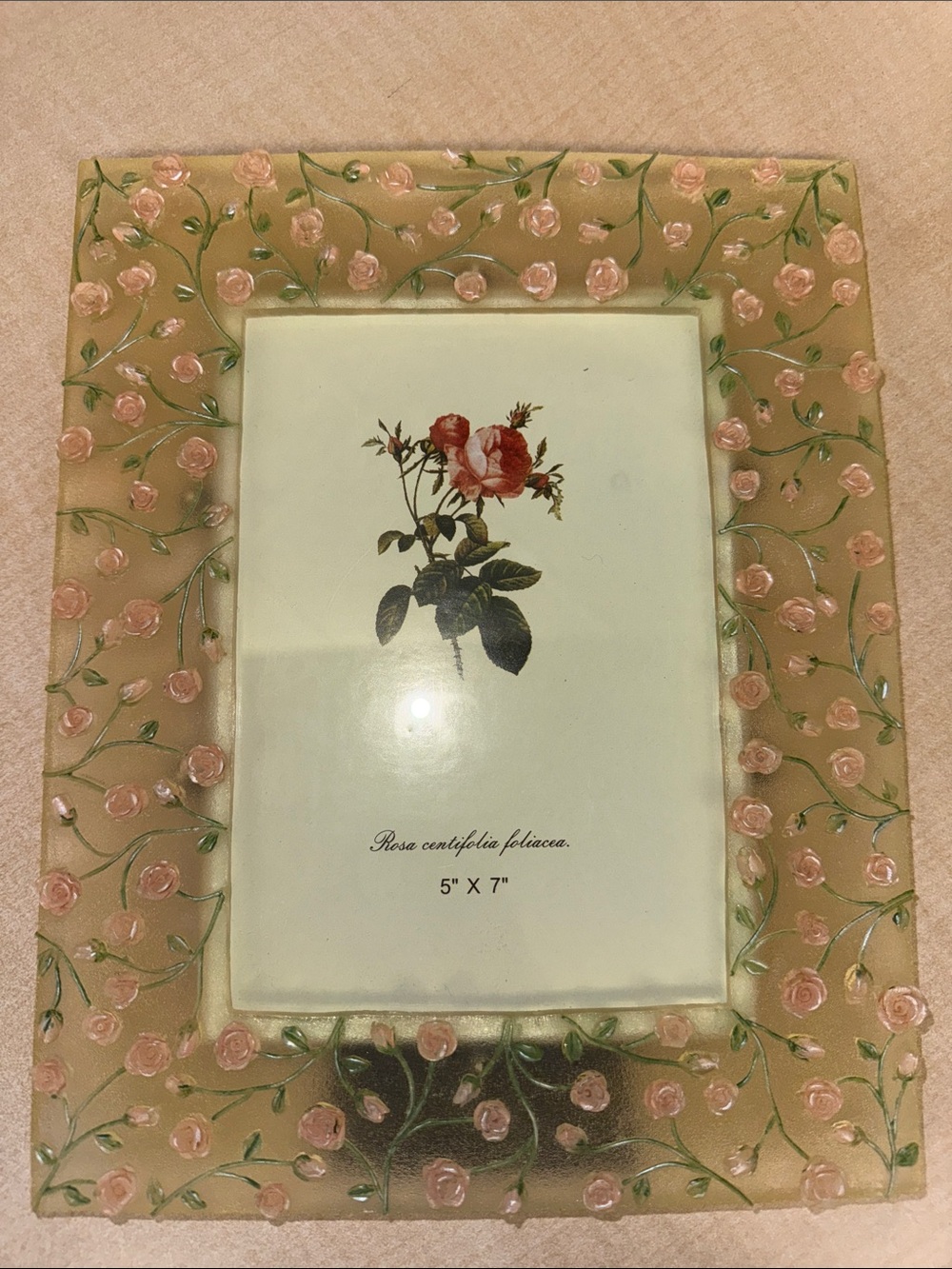 photo frame features painted pattern of small pink roses
